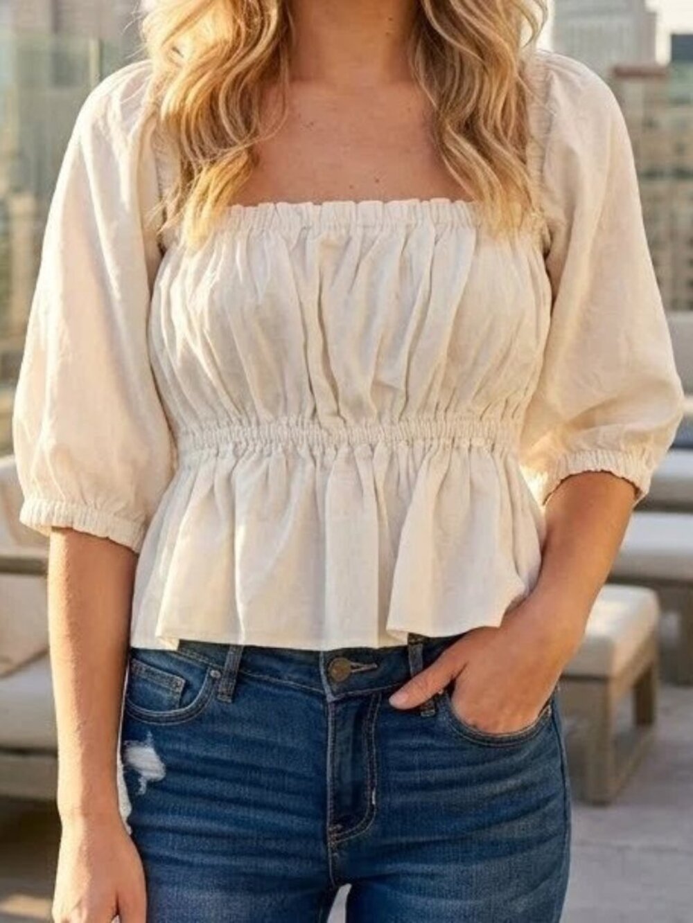 HappyXNature Kate Hudson Ruffle Smocked Crop Blouse Top XL 227710
